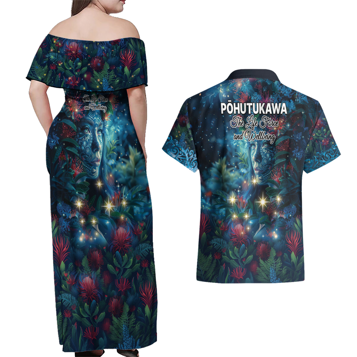 New Zealand Matariki Pohutukawa Couples Matching Off Shoulder Maxi Dress and Hawaiian Shirt Te Mauri te Ora LT9 - Polynesian Pride