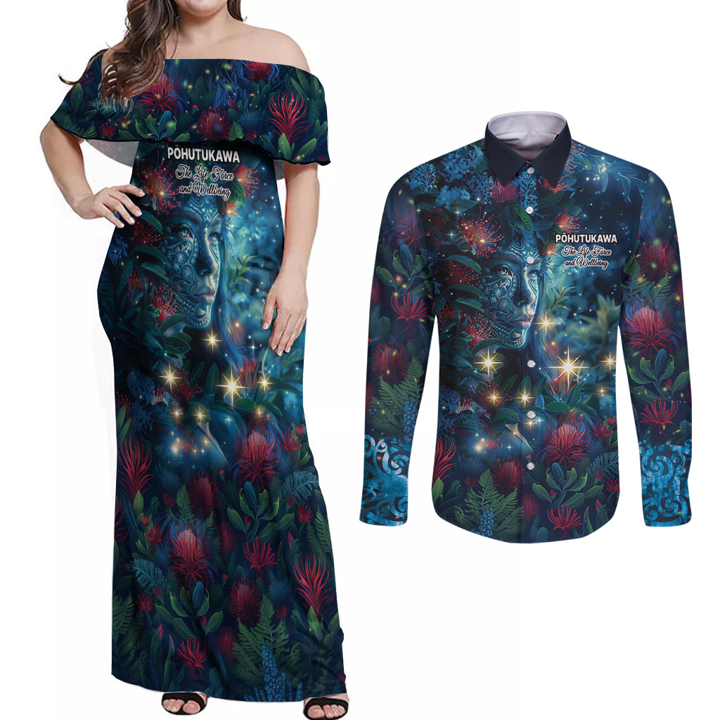 New Zealand Matariki Pohutukawa Couples Matching Off Shoulder Maxi Dress and Long Sleeve Button Shirt Te Mauri te Ora LT9 Art - Polynesian Pride