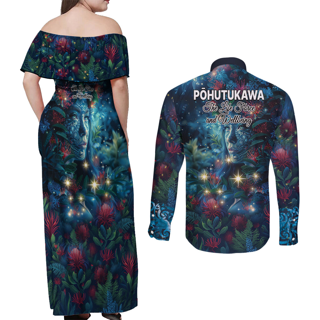 New Zealand Matariki Pohutukawa Couples Matching Off Shoulder Maxi Dress and Long Sleeve Button Shirt Te Mauri te Ora LT9 - Polynesian Pride