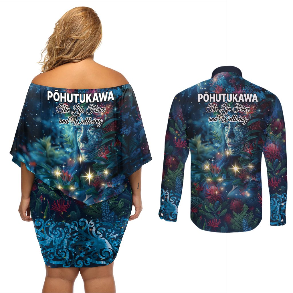 New Zealand Matariki Pohutukawa Couples Matching Off Shoulder Short Dress and Long Sleeve Button Shirt Te Mauri te Ora LT9 - Polynesian Pride