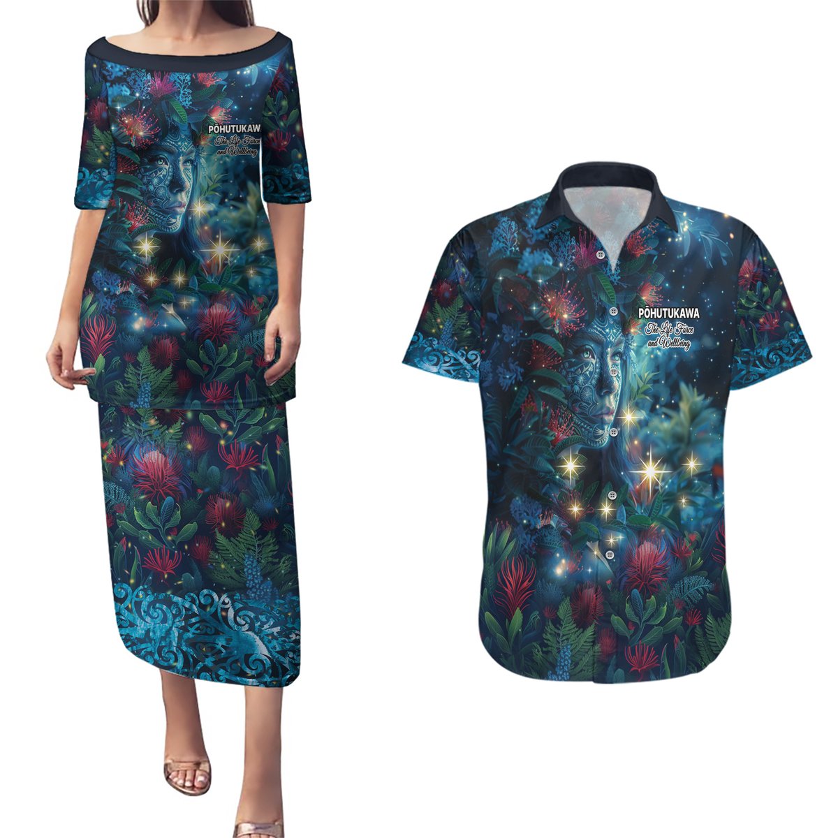 New Zealand Matariki Pohutukawa Couples Matching Puletasi and Hawaiian Shirt Te Mauri te Ora LT9 Art - Polynesian Pride