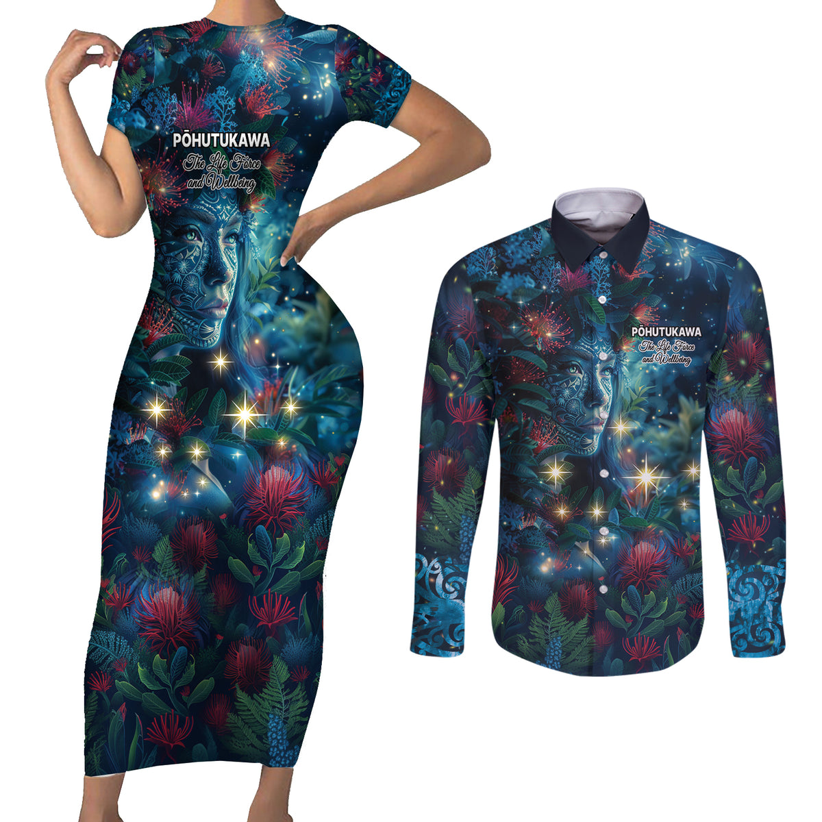 New Zealand Matariki Pohutukawa Couples Matching Short Sleeve Bodycon Dress and Long Sleeve Button Shirt Te Mauri te Ora LT9 Art - Polynesian Pride