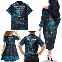 New Zealand Matariki Pohutukawa Family Matching Off The Shoulder Long Sleeve Dress and Hawaiian Shirt Te Mauri te Ora LT9 - Polynesian Pride