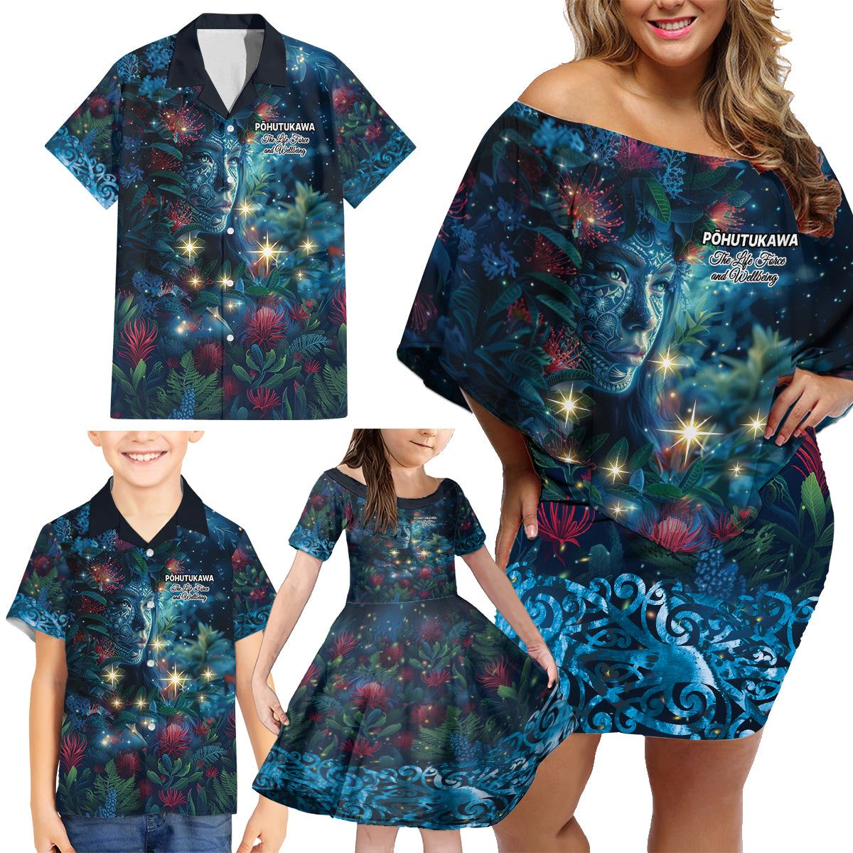 New Zealand Matariki Pohutukawa Family Matching Off Shoulder Short Dress and Hawaiian Shirt Te Mauri te Ora LT9 - Polynesian Pride