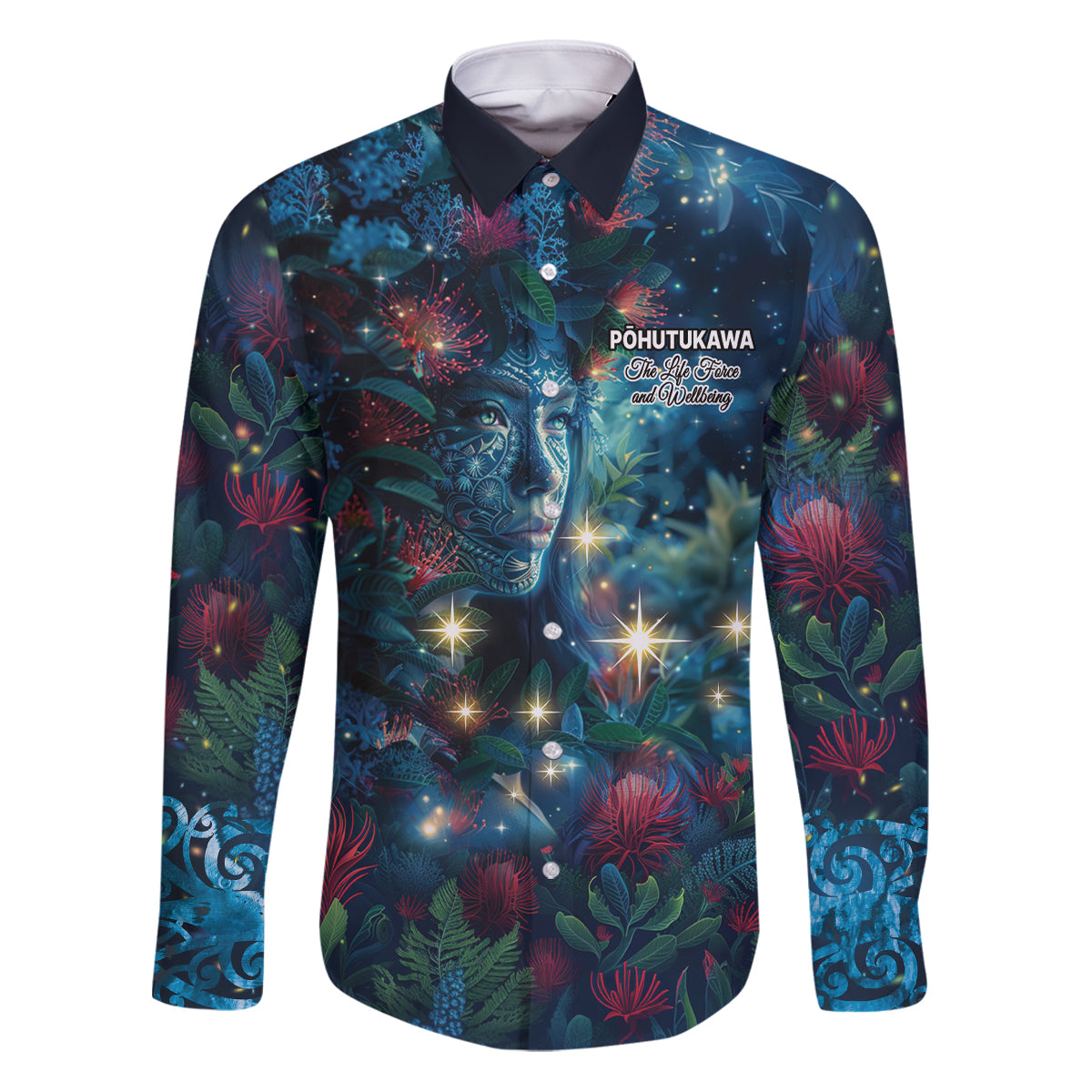 New Zealand Matariki Pohutukawa Family Matching Puletasi and Hawaiian Shirt Te Mauri te Ora LT9 Dad's Shirt - Long Sleeve Art - Polynesian Pride