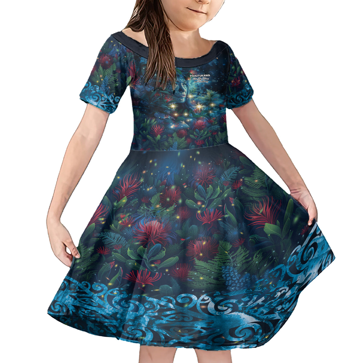 New Zealand Matariki Pohutukawa Family Matching Short Sleeve Bodycon Dress and Hawaiian Shirt Te Mauri te Ora LT9 Daughter's Dress Art - Polynesian Pride