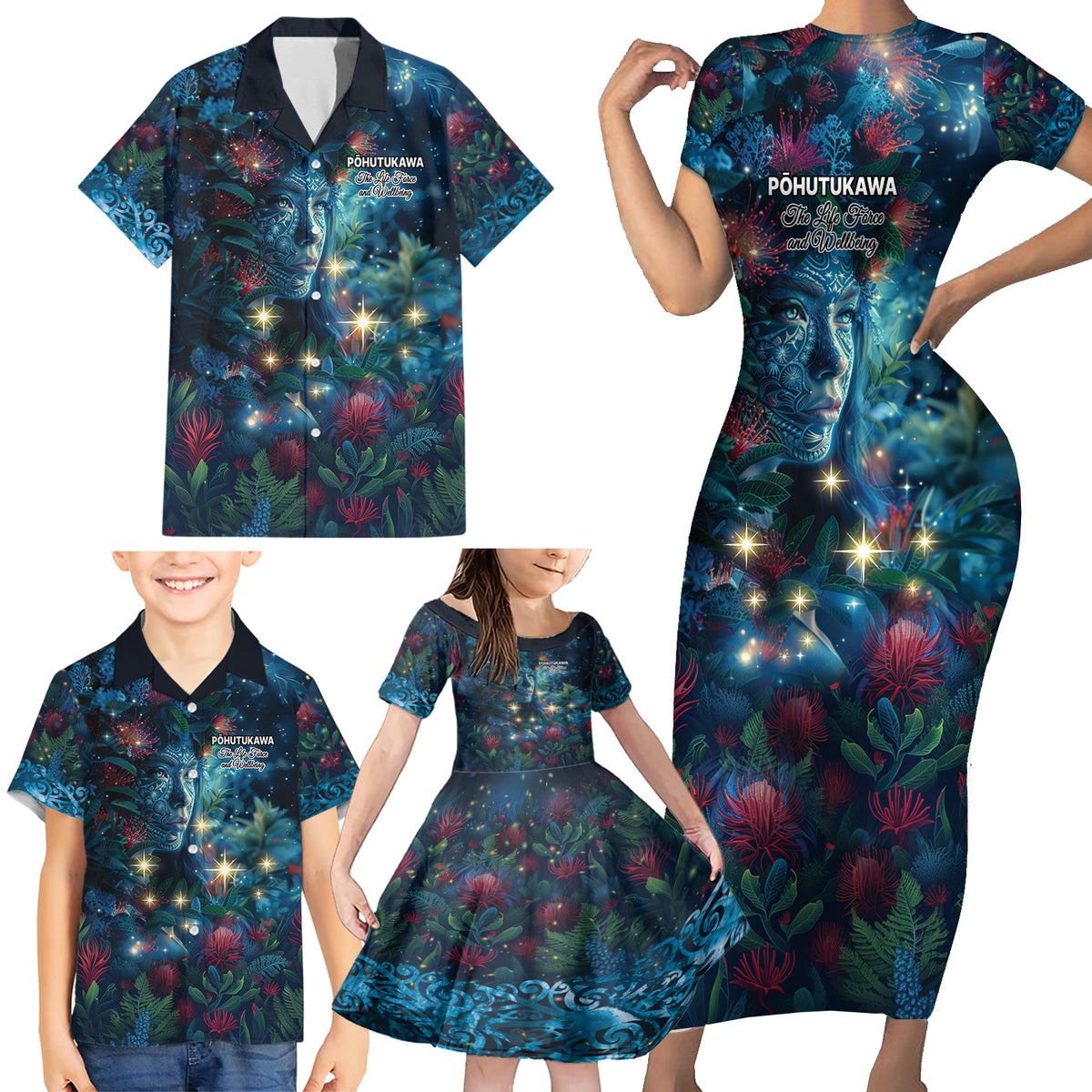 New Zealand Matariki Pohutukawa Family Matching Short Sleeve Bodycon Dress and Hawaiian Shirt Te Mauri te Ora LT9 - Polynesian Pride