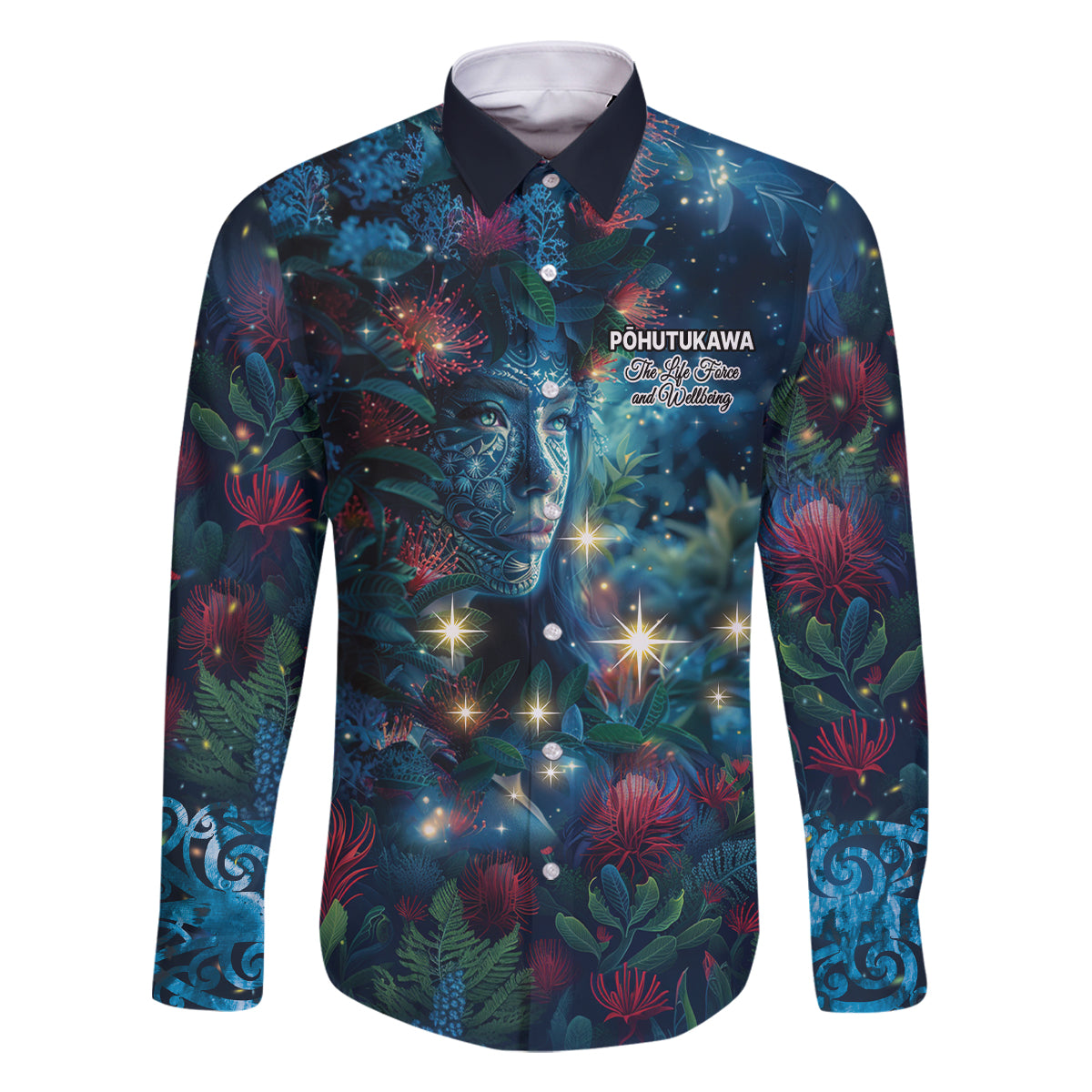 New Zealand Matariki Pohutukawa Family Matching Tank Maxi Dress and Hawaiian Shirt Te Mauri te Ora LT9 Dad's Shirt - Long Sleeve Art - Polynesian Pride