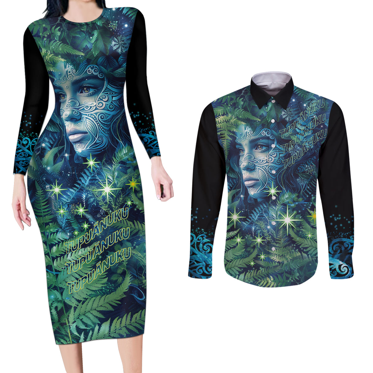 New Zealand Matariki Tupuanuku Couples Matching Long Sleeve Bodycon Dress and Long Sleeve Button Shirt Te W o te Hauhake LT9 Art - Polynesian Pride