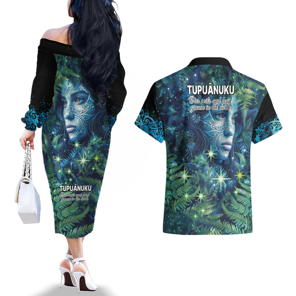 New Zealand Matariki Tupuanuku Couples Matching Off The Shoulder Long Sleeve Dress and Hawaiian Shirt Te W o te Hauhake LT9 - Polynesian Pride
