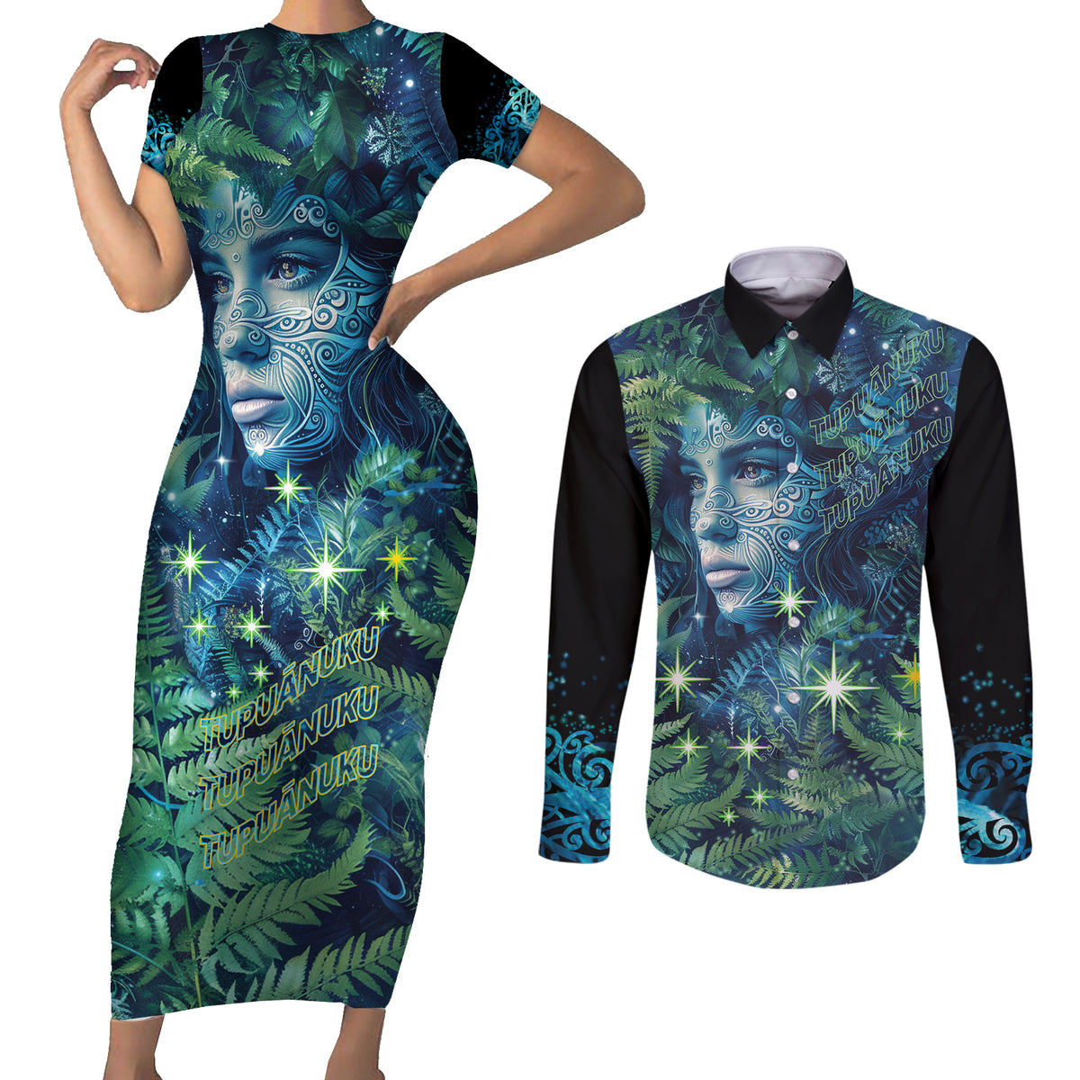 New Zealand Matariki Tupuanuku Couples Matching Short Sleeve Bodycon Dress and Long Sleeve Button Shirt Te W o te Hauhake LT9 Art - Polynesian Pride