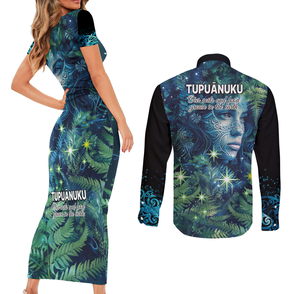 New Zealand Matariki Tupuanuku Couples Matching Short Sleeve Bodycon Dress and Long Sleeve Button Shirt Te W o te Hauhake LT9 - Polynesian Pride