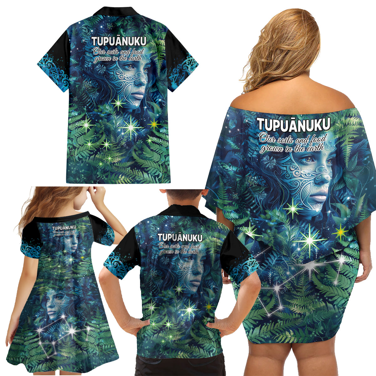 New Zealand Matariki Tupuanuku Family Matching Off Shoulder Short Dress and Hawaiian Shirt Te W o te Hauhake LT9 - Polynesian Pride