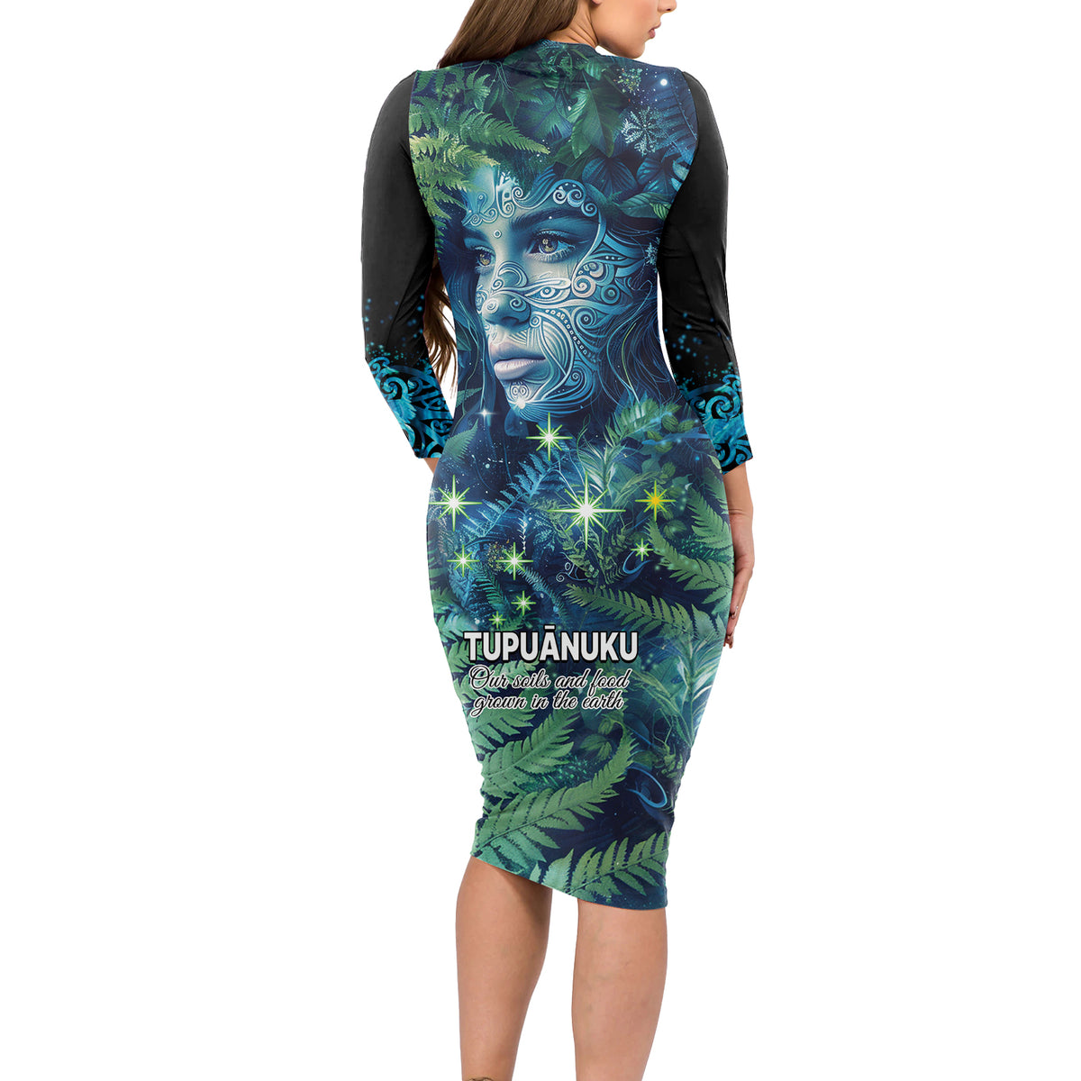 New Zealand Matariki Tupuanuku Long Sleeve Bodycon Dress Te W o te Hauhake LT9 - Polynesian Pride