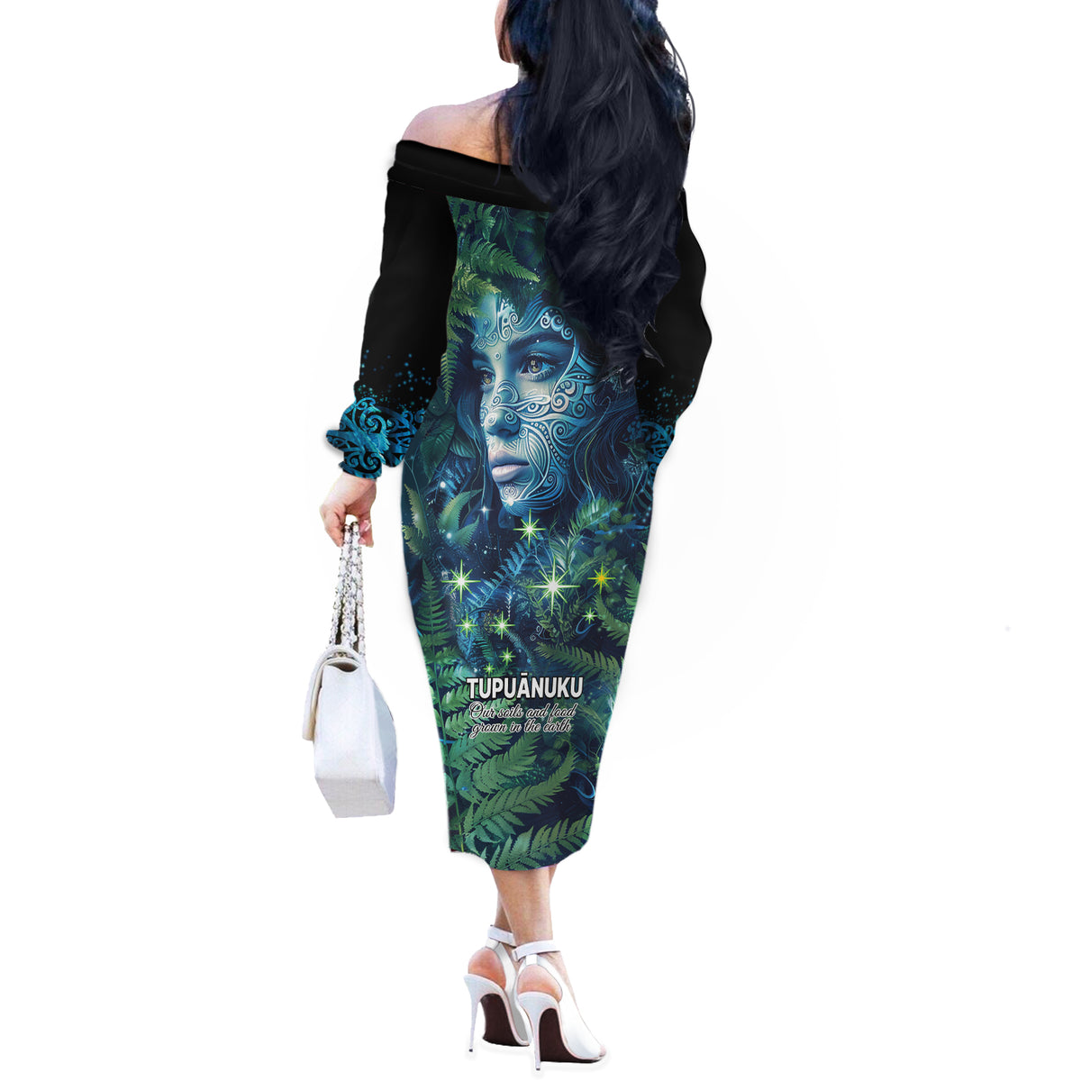New Zealand Matariki Tupuanuku Off The Shoulder Long Sleeve Dress Te W o te Hauhake LT9 - Polynesian Pride