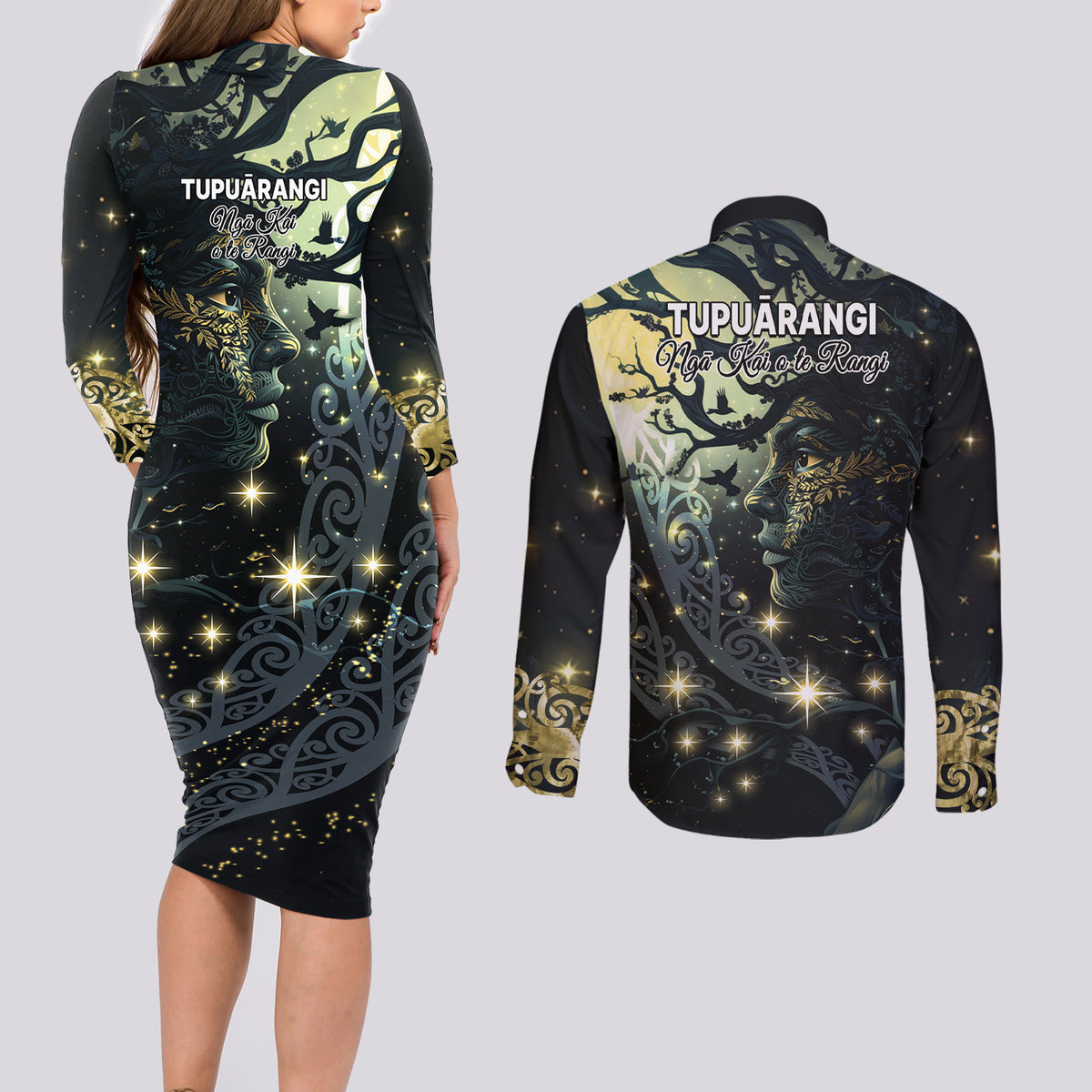 New Zealand Matariki Tupuarangi Couples Matching Long Sleeve Bodycon Dress and Long Sleeve Button Shirt Ng Kai o te Rangi LT9 - Polynesian Pride