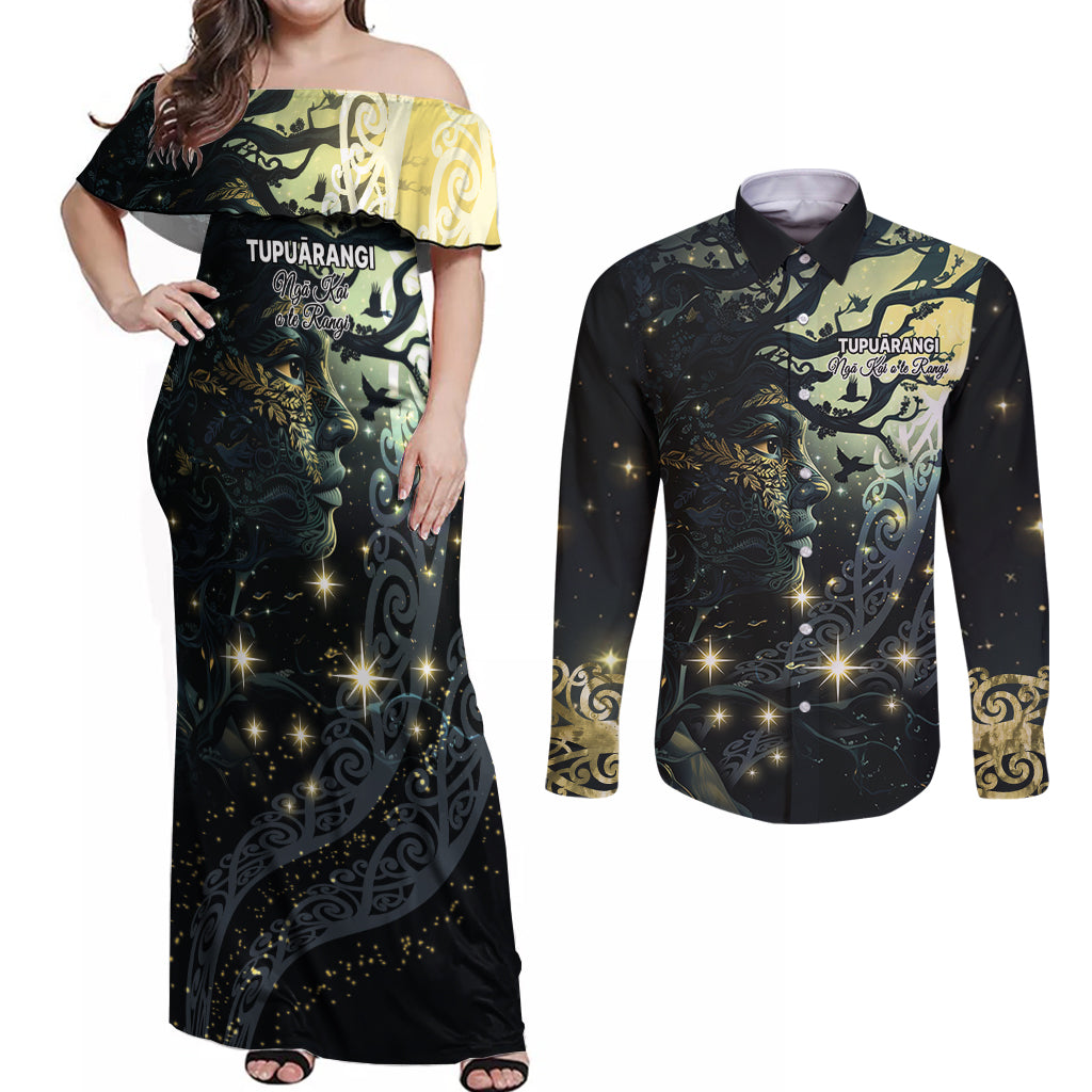 New Zealand Matariki Tupuarangi Couples Matching Off Shoulder Maxi Dress and Long Sleeve Button Shirt Ng Kai o te Rangi LT9 Art - Polynesian Pride