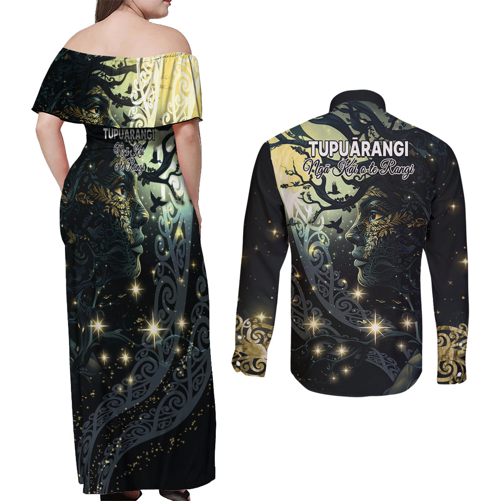New Zealand Matariki Tupuarangi Couples Matching Off Shoulder Maxi Dress and Long Sleeve Button Shirt Ng Kai o te Rangi LT9 - Polynesian Pride