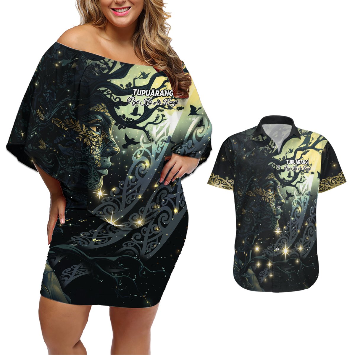 New Zealand Matariki Tupuarangi Couples Matching Off Shoulder Short Dress and Hawaiian Shirt Ng Kai o te Rangi LT9 Art - Polynesian Pride