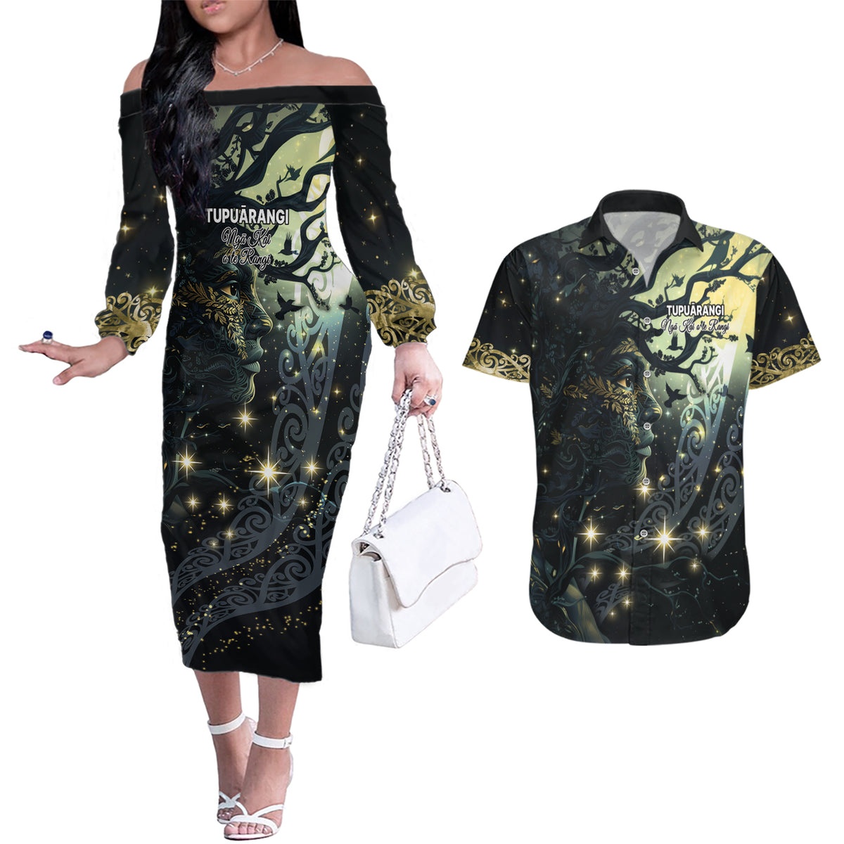 New Zealand Matariki Tupuarangi Couples Matching Off The Shoulder Long Sleeve Dress and Hawaiian Shirt Ng Kai o te Rangi LT9 Art - Polynesian Pride