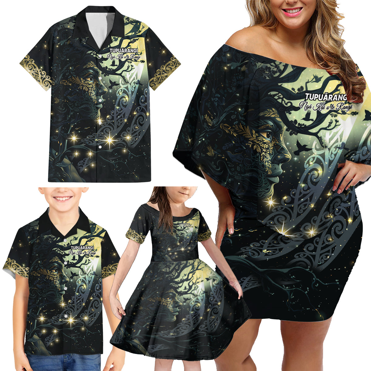 New Zealand Matariki Tupuarangi Family Matching Off Shoulder Short Dress and Hawaiian Shirt Ng Kai o te Rangi LT9 - Polynesian Pride
