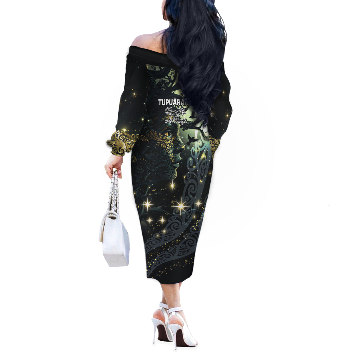 New Zealand Matariki Tupuarangi Off The Shoulder Long Sleeve Dress Ng Kai o te Rangi LT9 - Polynesian Pride