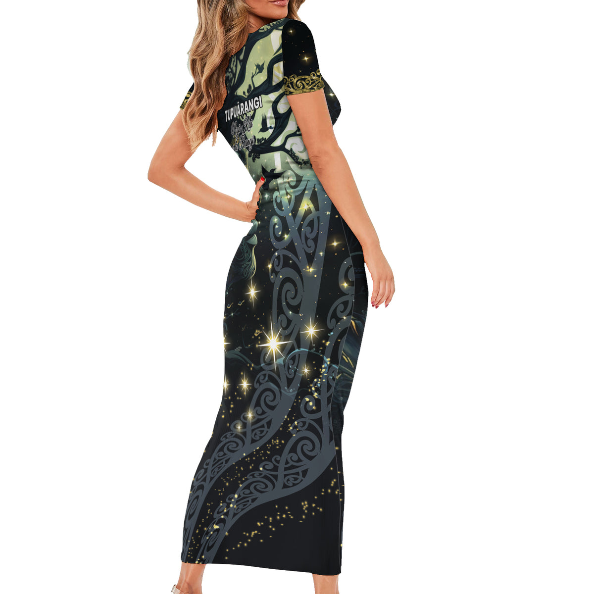 New Zealand Matariki Tupuarangi Short Sleeve Bodycon Dress Ng Kai o te Rangi LT9 - Polynesian Pride