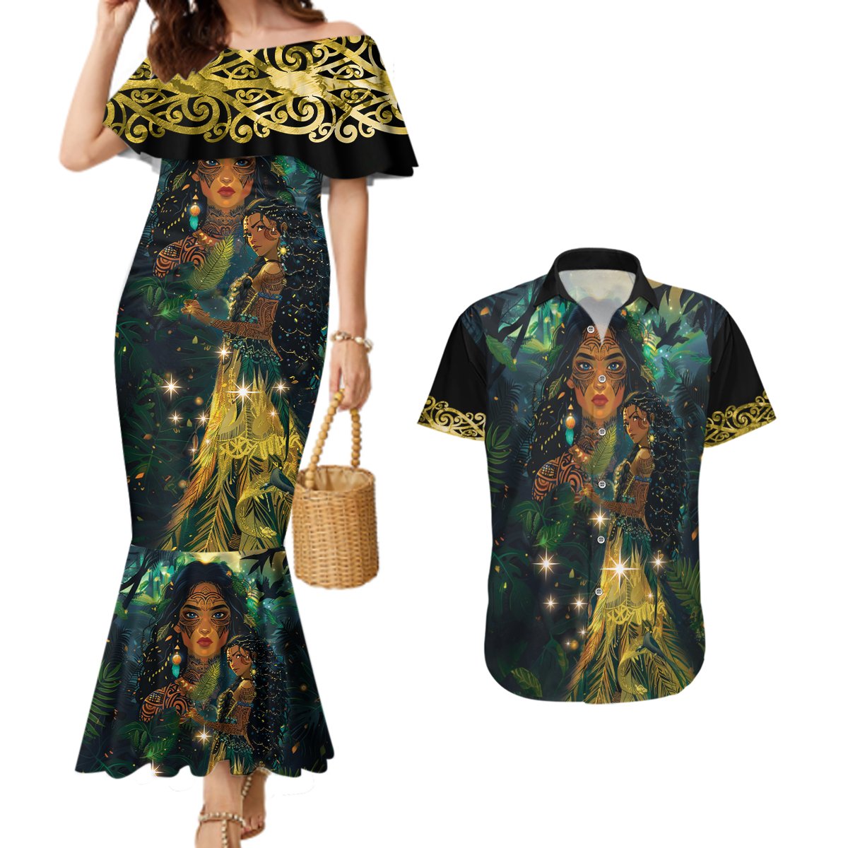 New Zealand Matariki Couples Matching Mermaid Dress and Hawaiian Shirt Rongo Mori Wellbeing and Good Luck LT9 Art - Polynesian Pride