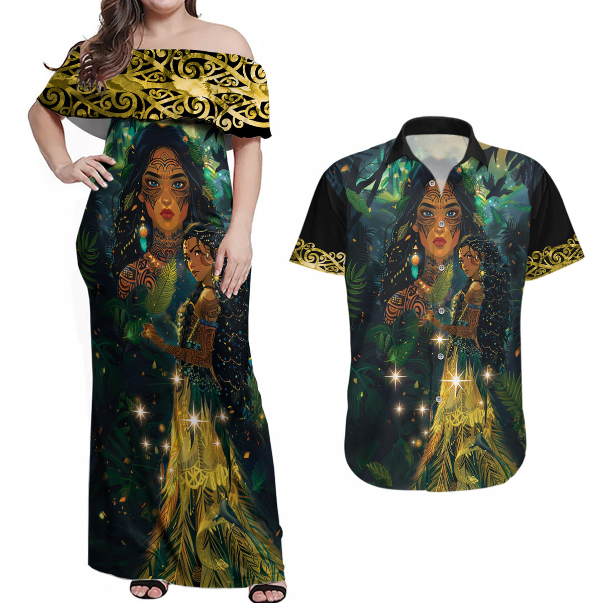 New Zealand Matariki Couples Matching Off Shoulder Maxi Dress and Hawaiian Shirt Rongo Mori Wellbeing and Good Luck LT9 Art - Polynesian Pride