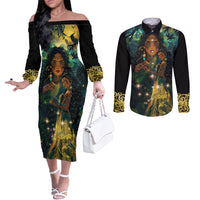 New Zealand Matariki Couples Matching Off The Shoulder Long Sleeve Dress and Long Sleeve Button Shirt Rongo Mori Wellbeing and Good Luck LT9 Art - Polynesian Pride