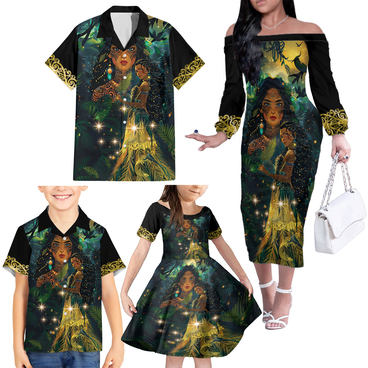 New Zealand Matariki Family Matching Off The Shoulder Long Sleeve Dress and Hawaiian Shirt Rongo Mori Wellbeing and Good Luck LT9 - Polynesian Pride