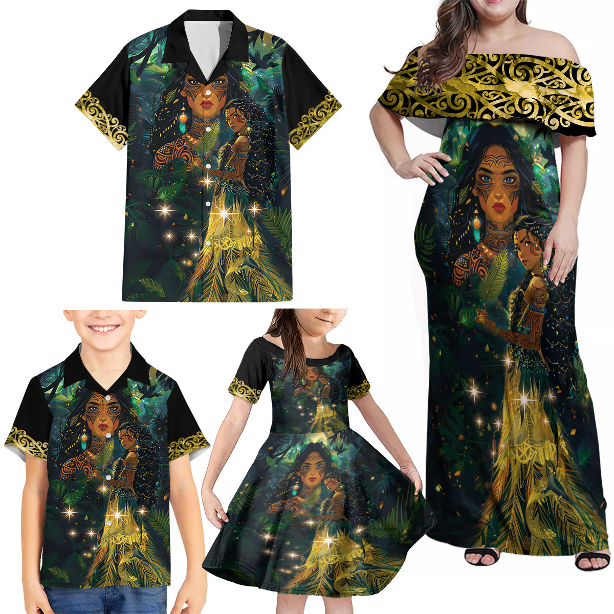 New Zealand Matariki Family Matching Off Shoulder Maxi Dress and Hawaiian Shirt Rongo Mori Wellbeing and Good Luck LT9 - Polynesian Pride