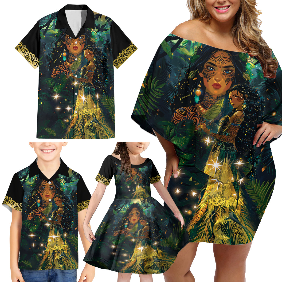 New Zealand Matariki Family Matching Off Shoulder Short Dress and Hawaiian Shirt Rongo Mori Wellbeing and Good Luck LT9 - Polynesian Pride