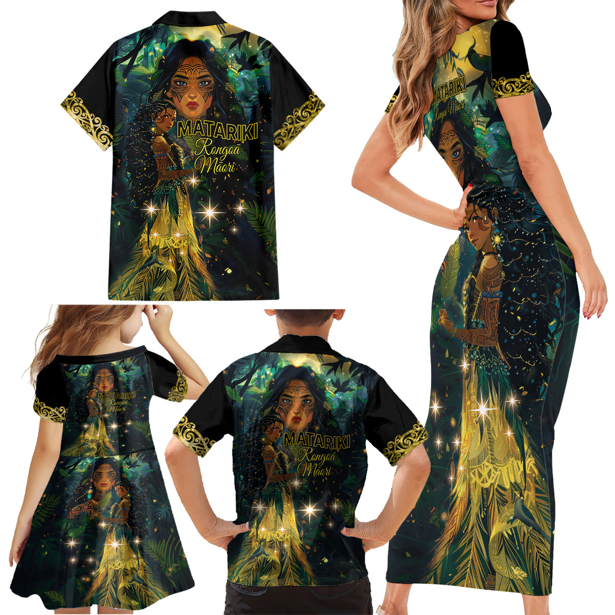 New Zealand Matariki Family Matching Short Sleeve Bodycon Dress and Hawaiian Shirt Rongo Mori Wellbeing and Good Luck LT9 - Polynesian Pride