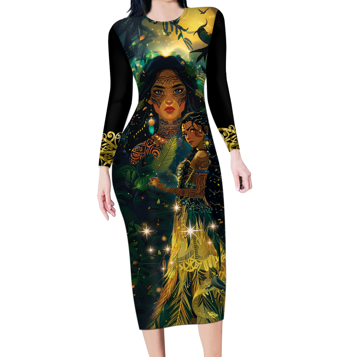 New Zealand Matariki Long Sleeve Bodycon Dress Rongo Mori Wellbeing and Good Luck LT9 Long Dress Art - Polynesian Pride