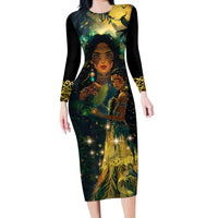 New Zealand Matariki Long Sleeve Bodycon Dress Rongo Mori Wellbeing and Good Luck LT9 Long Dress Art - Polynesian Pride