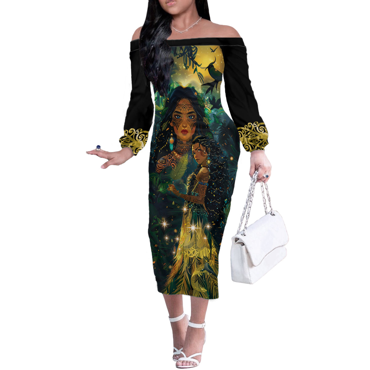 New Zealand Matariki Off The Shoulder Long Sleeve Dress Rongo Mori Wellbeing and Good Luck LT9 Women Art - Polynesian Pride