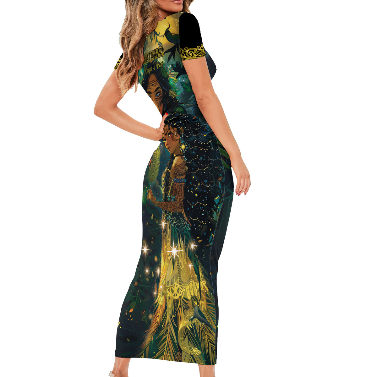New Zealand Matariki Short Sleeve Bodycon Dress Rongo Mori Wellbeing and Good Luck LT9 - Polynesian Pride