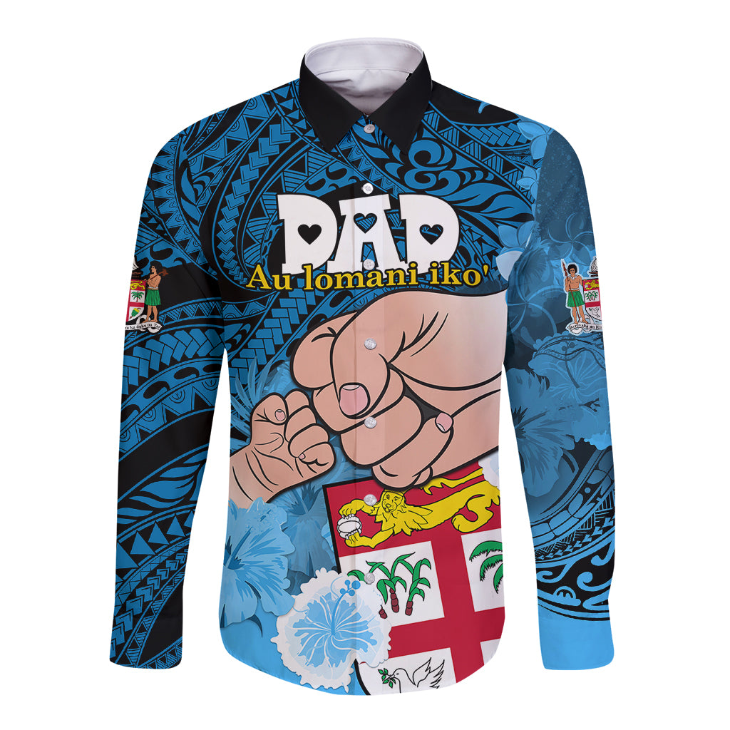 Fathers Day Polynesian Islands Fiji Long Sleeve Button Shirt Dad Au Lomani Iko - Polynesian Flowers Tribal LT9 Unisex Blue - Polynesian Pride