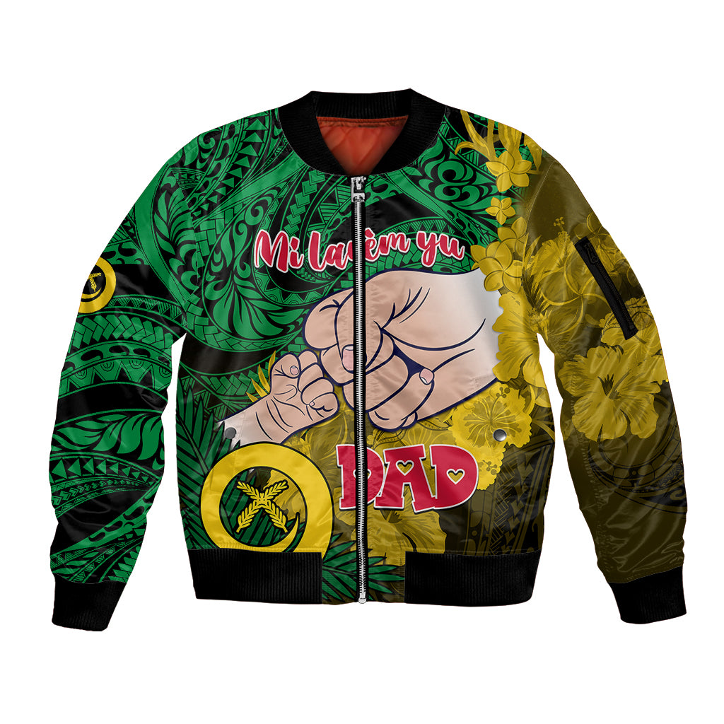 Personalised Dads Day Vanuatu Sleeve Zip Bomber Jacket Dad Mi lavem yu - Polynesian Flowers Tribal LT9 Unisex Green - Polynesian Pride