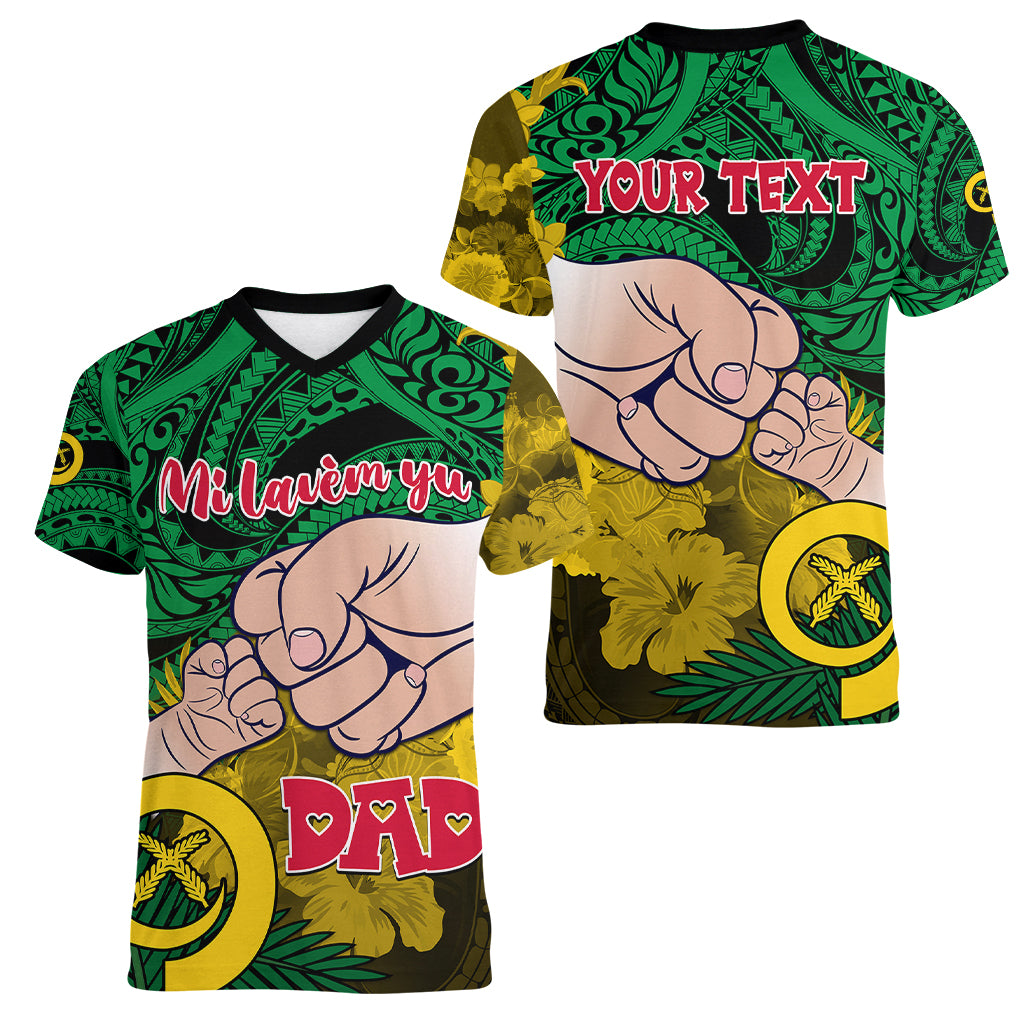 Personalised Dads Day Vanuatu Women V Neck T Shirt Dad Mi lavem yu - Polynesian Flowers Tribal LT9 - Polynesian Pride