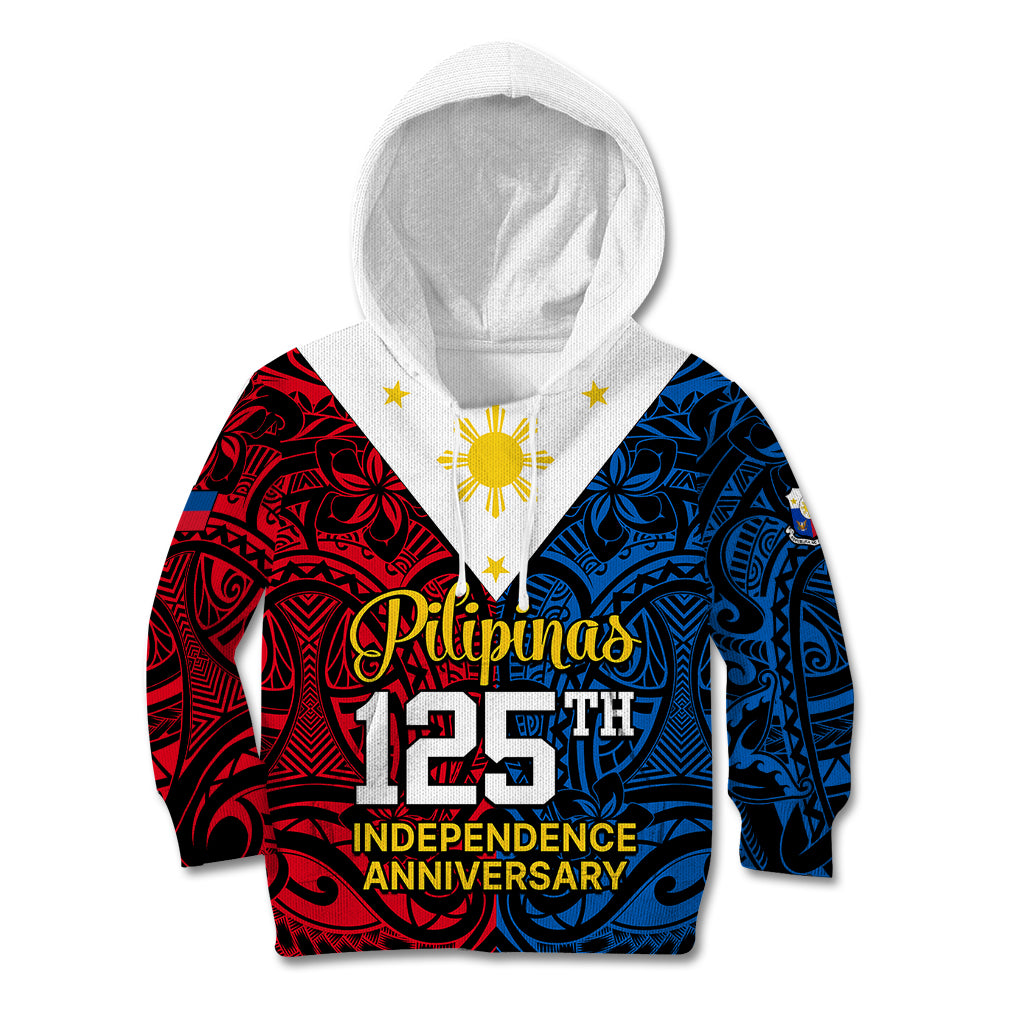 Personalised 125th Independence Anniversary Philippines Kid Hoodie Polynesian Pilipinas Flag Style - Black LT9 Hoodie Black - Polynesian Pride