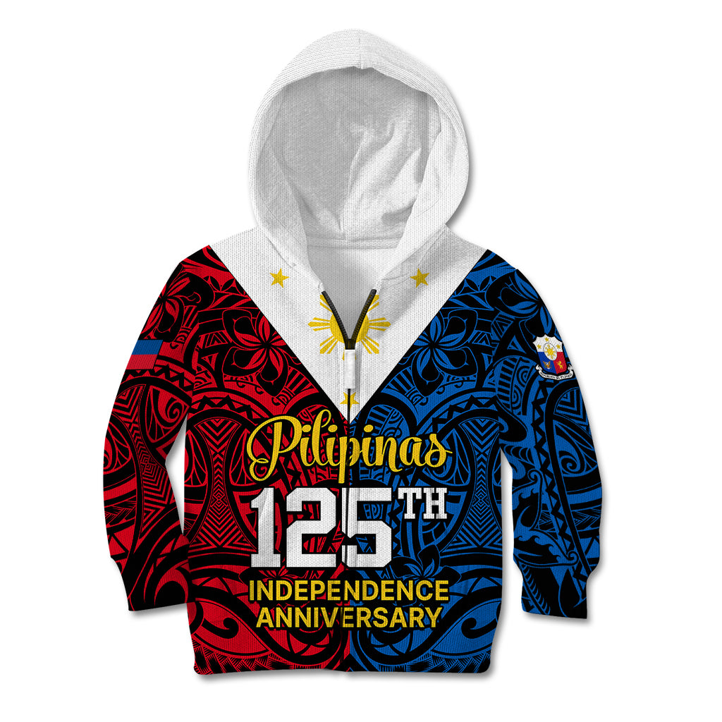 Personalised Polynesian Philippines Kid Hoodie Pilipinas Flag Style for 125th Independence Anniversary Black LT9 Zip Hoodie Black - Polynesian Pride