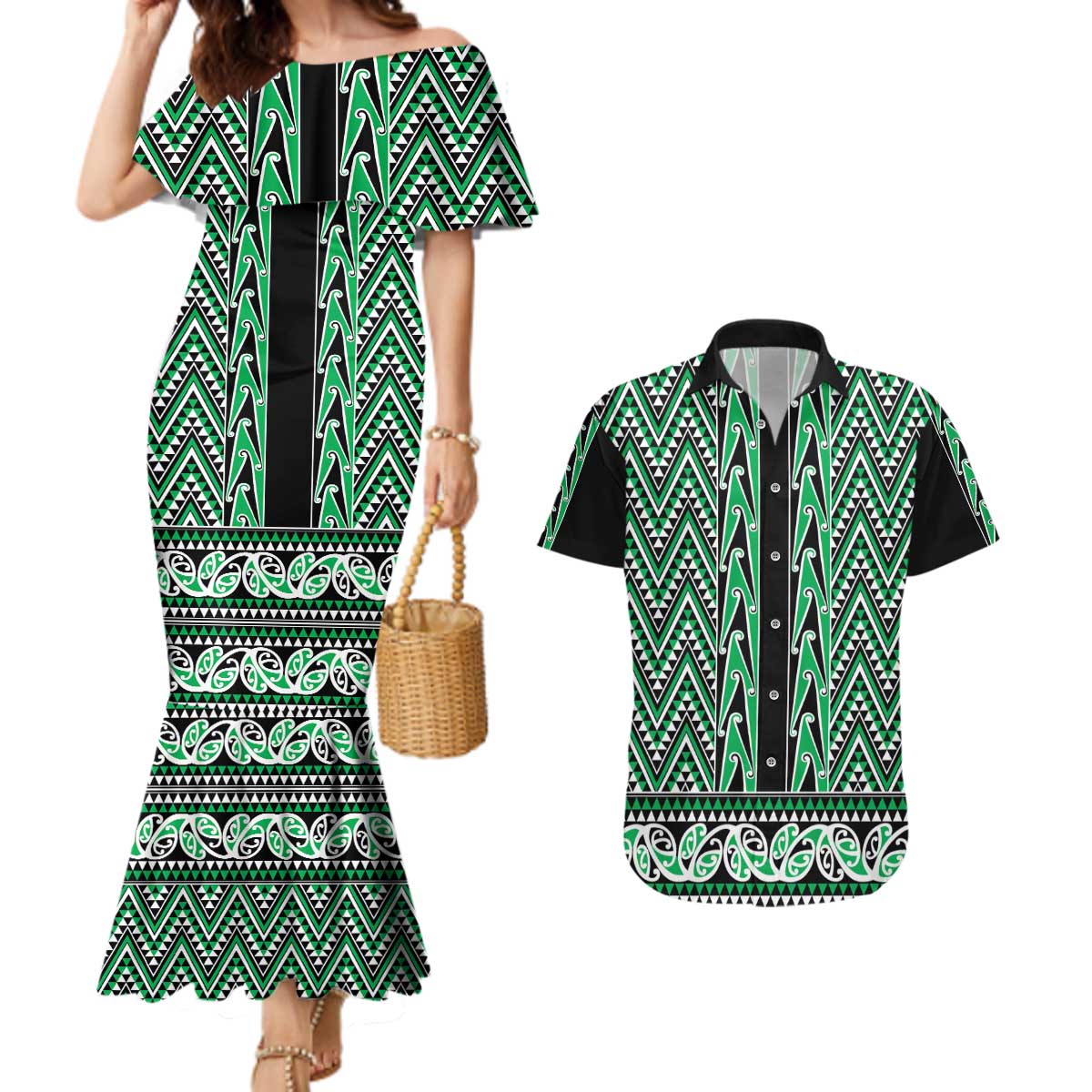 New Zealand Maori Niho Taniwha Couples Matching Mermaid Dress and Hawaiian Shirt Kakariki Mangopare and Puhoro Pattern LT9 Green - Polynesian Pride