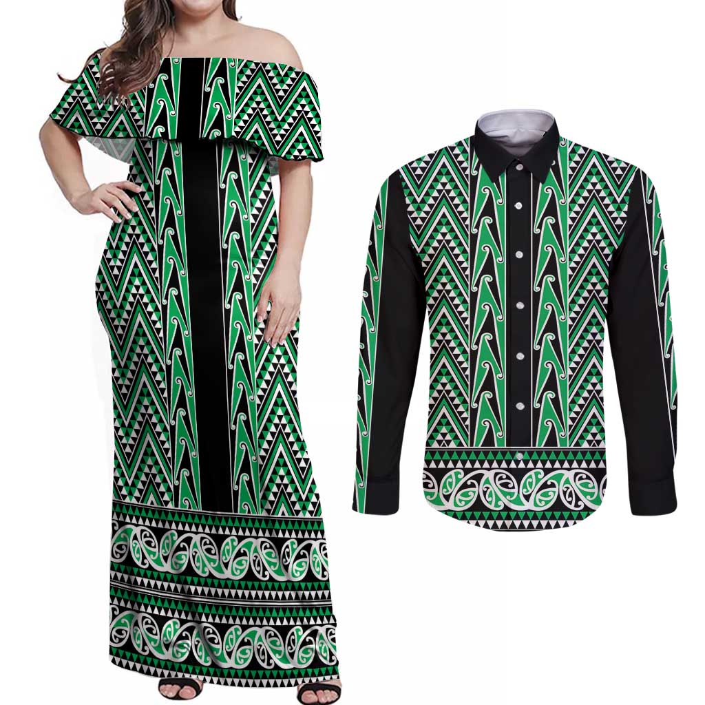 New Zealand Maori Niho Taniwha Couples Matching Off Shoulder Maxi Dress and Long Sleeve Button Shirt Kakariki Mangopare and Puhoro Pattern LT9 Green - Polynesian Pride