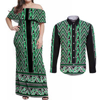 New Zealand Maori Niho Taniwha Couples Matching Off Shoulder Maxi Dress and Long Sleeve Button Shirt Kakariki Mangopare and Puhoro Pattern LT9 Green - Polynesian Pride