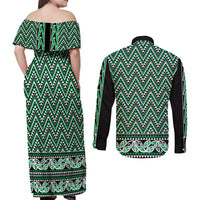 New Zealand Maori Niho Taniwha Couples Matching Off Shoulder Maxi Dress and Long Sleeve Button Shirt Kakariki Mangopare and Puhoro Pattern LT9 - Polynesian Pride