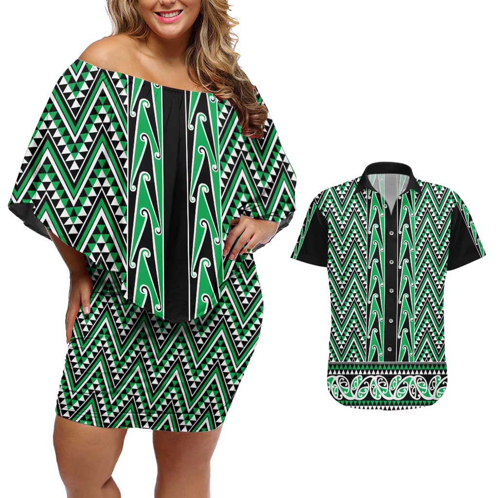 New Zealand Maori Niho Taniwha Couples Matching Off Shoulder Short Dress and Hawaiian Shirt Kakariki Mangopare and Puhoro Pattern LT9 Green - Polynesian Pride