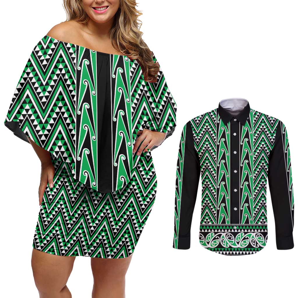 New Zealand Maori Niho Taniwha Couples Matching Off Shoulder Short Dress and Long Sleeve Button Shirt Kakariki Mangopare and Puhoro Pattern LT9 Green - Polynesian Pride