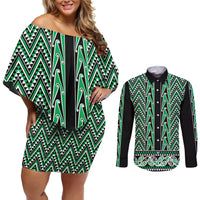 New Zealand Maori Niho Taniwha Couples Matching Off Shoulder Short Dress and Long Sleeve Button Shirt Kakariki Mangopare and Puhoro Pattern LT9 Green - Polynesian Pride